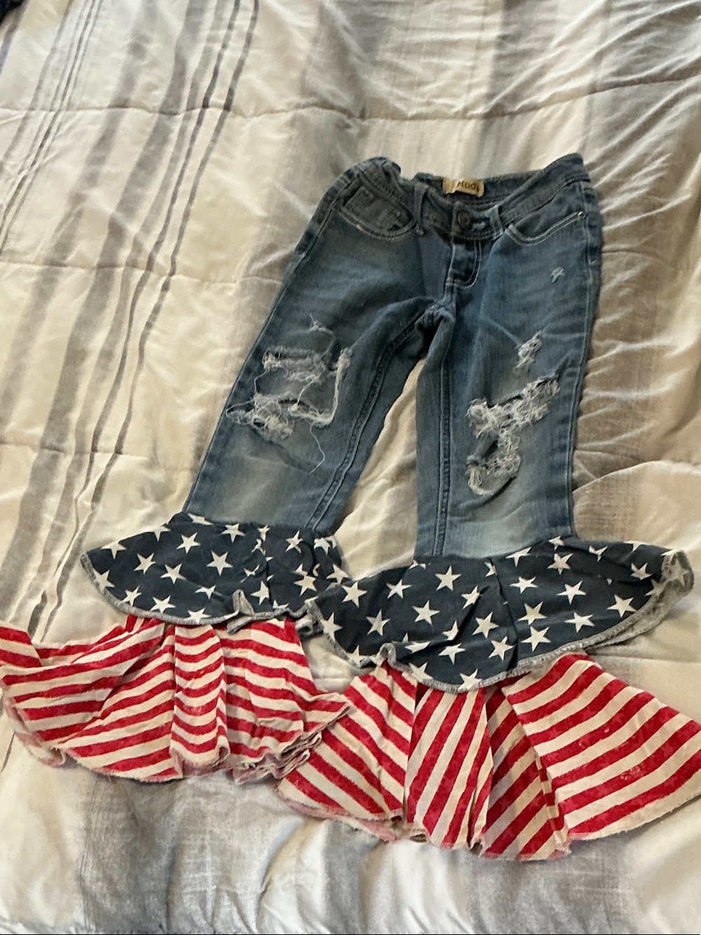 Kids Distressed Denim Ruffle Jeans with Stars & Stripes Trim